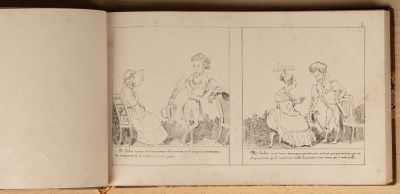 deux pages d'un livre sur lesquelles figurent des dessins représentant des personnes assises sur un banc