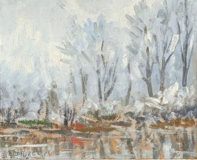 an oil painting of a river with trees in the background