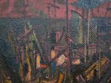 a painting of a boat on the water with people in it