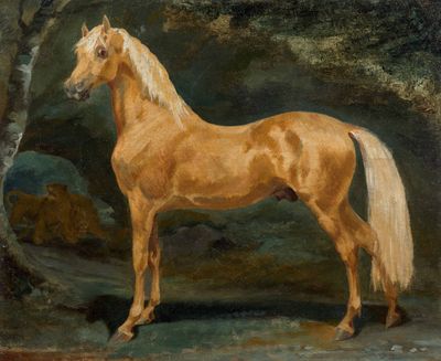 une peinture à l'huile représentant un cheval debout dans un bosquet