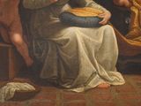 painting of a woman sitting on a couch holding a bowl of food
