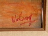 an image of a painting of a man ' s name in red on a brown background