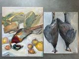 tableau représentant deux tableaux représentant des oiseaux et des fruits posés sur une table