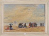 une peinture représentant un groupe de personnes sur la plage
