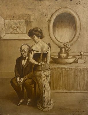 painting of a man and a woman sitting in front of a mirror