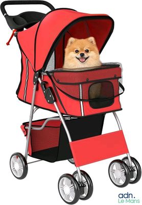un chien dans une poussette rouge avec un guidon noir