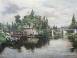 a painting of a boat on a river with a bridge in the background