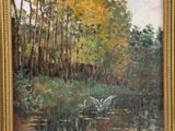 an image of a painting of birds flying over a river