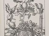 illustration of a black and white drawing of a tower with angels, demons, and demons