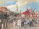 un tableau représentant une foule de gens marchant dans la rue