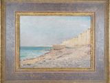 an image of a painting of a beach scene with a boat in the water