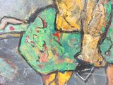 a painting of a man riding a horse on the street