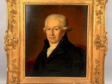 an old painting of a man in a black coat and white hair