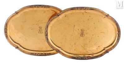 pair of antique gold plated trays on a white background