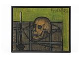 painting of a skull in a cage with a candle and a candle holder