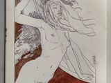 drawing of a woman in a red dress holding a sword