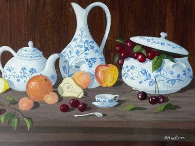 G. BOUNIORT XXe siècle. Nature morte aux faïences et aux fru…