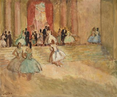 tableau représentant un groupe de personnes en train de danser dans une grande pièce