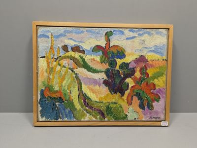 une peinture à l'huile représentant un paysage avec des arbres et des fleurs posée sur une table