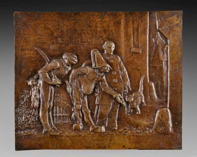 an image of a bronze plaque depicting a man on a horse and a woman on a horse