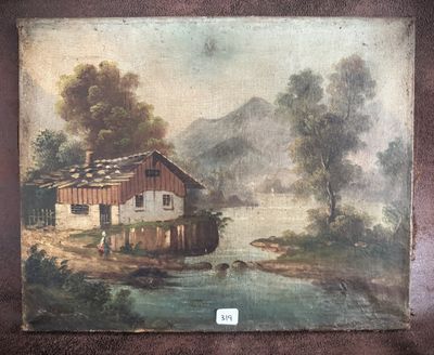 an old painting of a house by a river with a mountain in the background