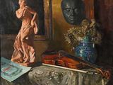 a painting of a statue and a violin on a table