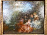 une peinture à l'huile représentant une femme et deux enfants assis sur un banc