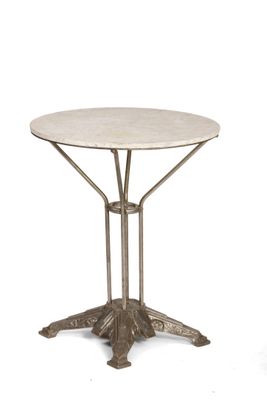 a white marble topped table with a metal base