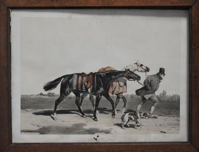 tableau représentant un homme menant un cheval dans un champ, avec un oiseau perché sur son épaule