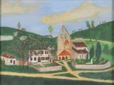 un tableau représentant un village avec une église sur la colline