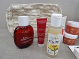 a bag with a lot of skin care products on it
