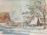 a watercolor painting of a farm in the country