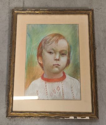 painting of a young boy in a red collared shirt in a gold frame