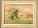 an image of a painting of a field with hay stacks in the background