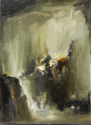 une peinture à l'huile représentant une cascade dans un paysage aux tons sombres et blancs