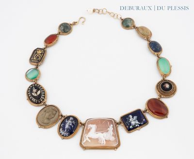 an image of a necklace with a picture of a woman and a horse on it