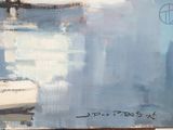 a painting of a boat in the water with a sky background