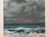 an image of a painting of a beach scene with a sailboat in the distance