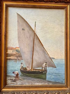 un tableau représentant un voilier sur l'eau avec des personnes à bord