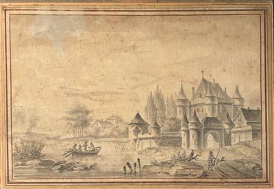 tableau représentant une scène de village avec une calèche au premier plan et un homme sur une calèche au premier plan