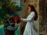 a painting of a man giving a woman a red purse