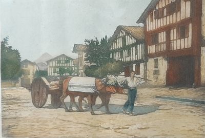 un tableau représentant deux chevaux tirant une charrette dans la rue