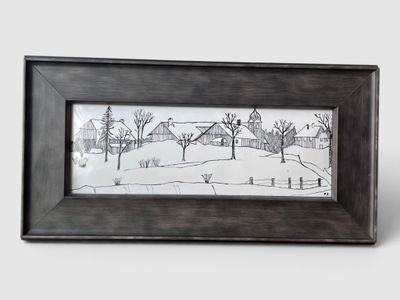 drawing of a snowy landscape with a barn and trees in the foreground