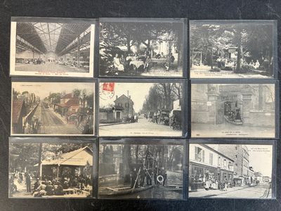 several old black and white photos of people and vehicles in a town