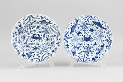 pair of blue and white plates with floral designs on them