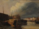 an image of a painting of a harbor scene with boats in the water