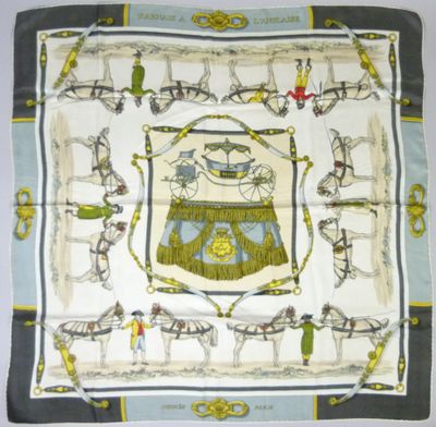 an image of a square scarf with horses and carriages on it