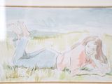 a painting of a woman laying on the grass