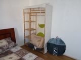 a small bed in a small room with a book shelf