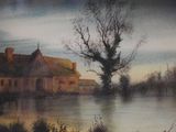 a painting of a man fishing in a river